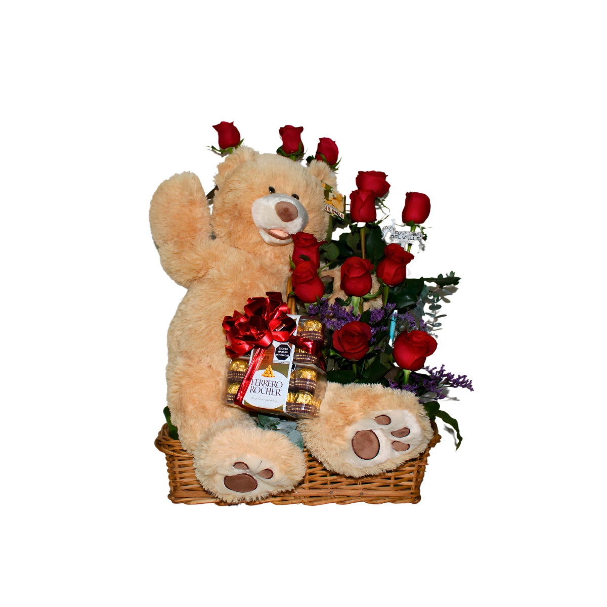 Canasta con Rosas, Oso y Chocolates