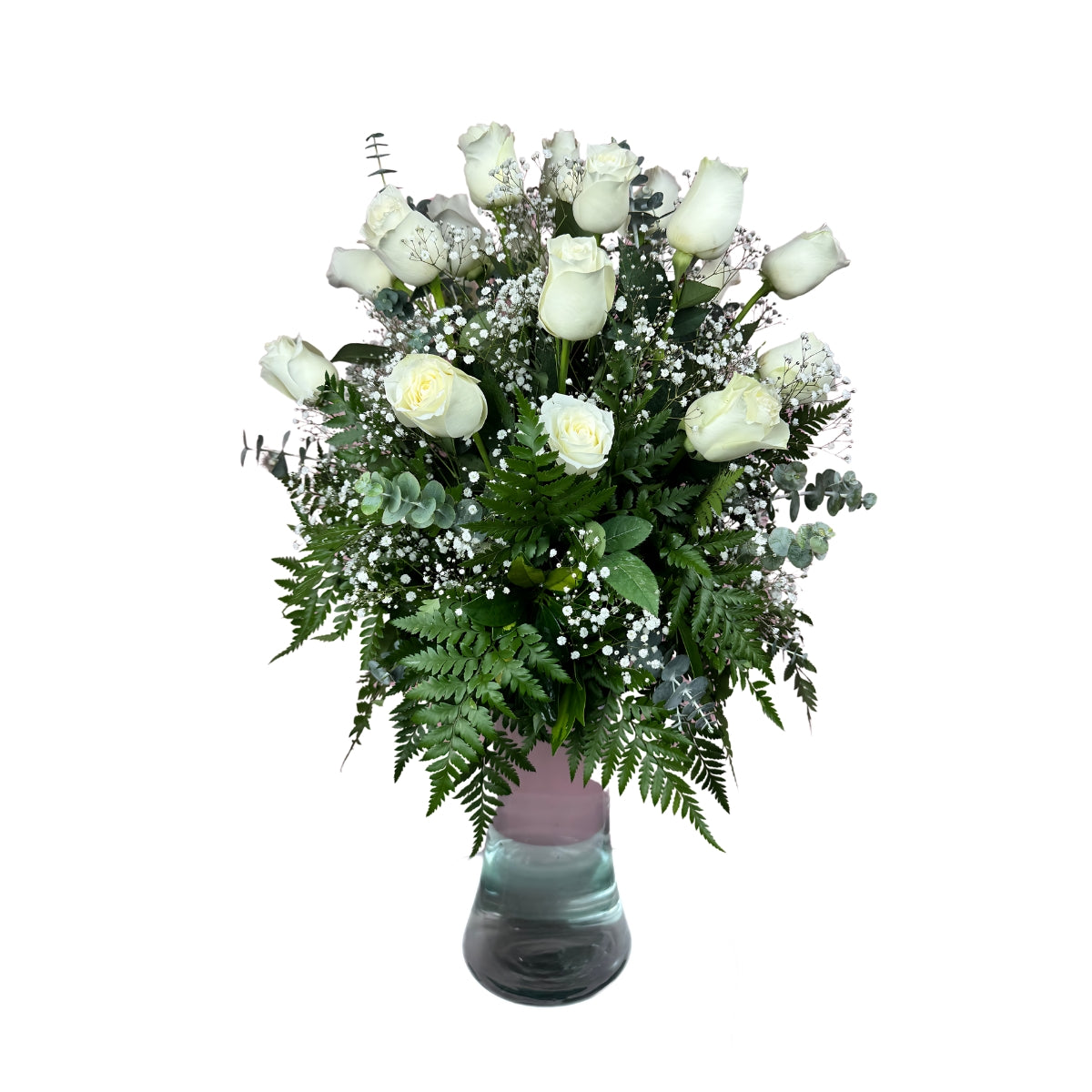 Florero de vidrio con rosas blancas