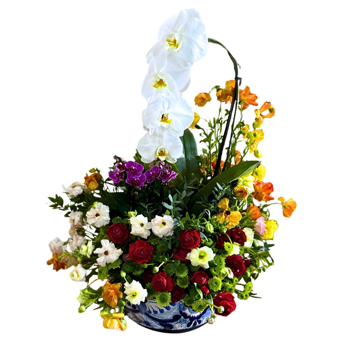 Arreglo de orquídea de cascada con flores de temporada