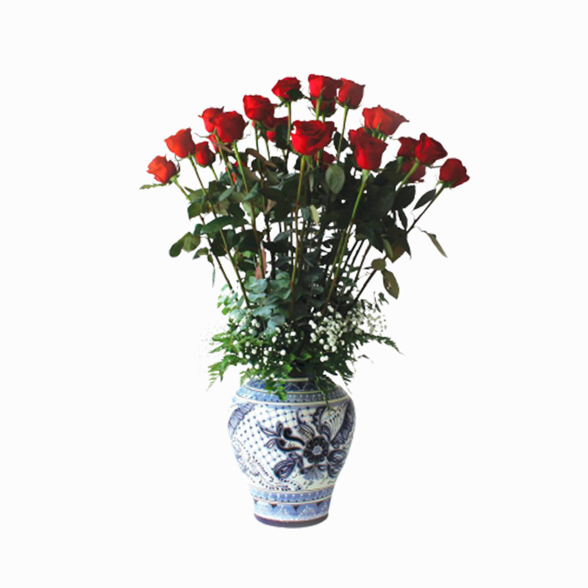 Florero Talavera con Rosas en Tallo Alto.