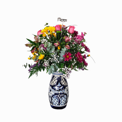 Florero Estilizado Grande Talavera con Flores Mixtas