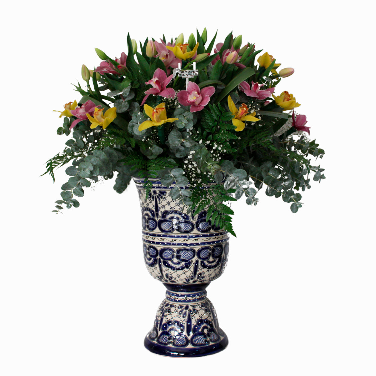 Gran copa de Talavera Poblana con Orquídeas y Tulipanes